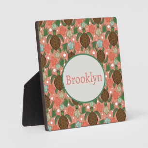 Placa Expositora Tortuga marina e hibiscus floral rosa coral