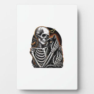 Placa Expositora Traje de Halloween de esqueleto sosteniendo un gat