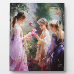 Placa Expositora Tres niñas jugando en un jardín