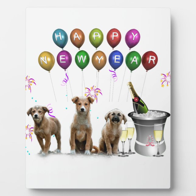 Placa Expositora Tres perros graciosos deseando un feliz año nuevo  (Frente)