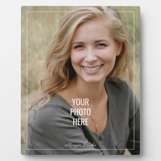 Placa Expositora Tu foto o arte aquí, DIY Name White Border Text (Frente)