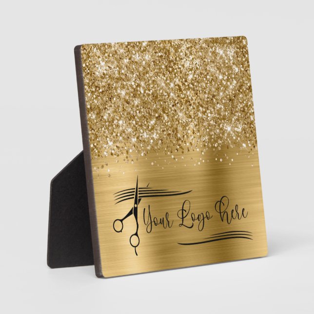 Placa Expositora Tu Logo Brillante Dorado Glam (Anverso)