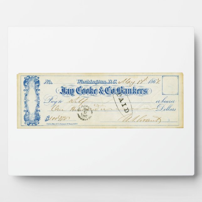 Placa Expositora Ulysses S. Grant Firmó Check desde el 17 de mayo d (Frente)