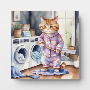 Placa Expositora Un gato gracioso en pijamas lavando ropa