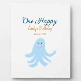 Placa Expositora Un pulpo azul feliz bajo el cumpleaños del mar