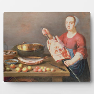 Placa Expositora Una vida fija de carne y pescado con un cocinero