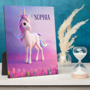 Placa Expositora Unicornio blanco lindo con forma rosa y azul