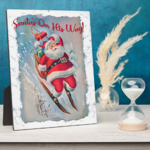 Placa Expositora Vintage Rótulo Santa de Esquiar de Navidad