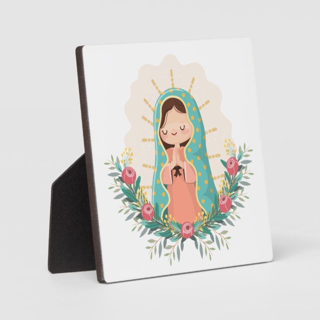 Placa Expositora Virgen de Guadalupe kawaii adornada con flores (Anverso)