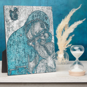 Placa Expositora Virgen María Bebé Jesús Ángel Retrato Azul Vintage