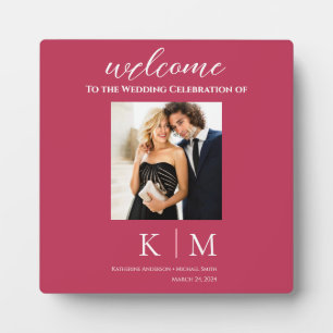 Placa Expositora Viva Magenta y Rótulo de mesa Boda de fotos blanca