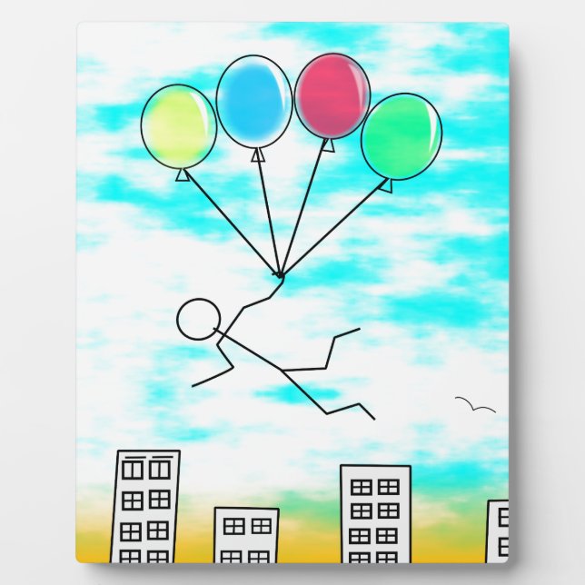 Placa Expositora Volando Sobre La Ciudad Con Globos (Frente)