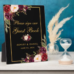 Placa Expositora Watercolor Burgundy Black Gold Boda Guestbook<br><div class="desc">Floral de color de agua borgoña negro y Boda de oro plancha de mesa de libro de visitas</div>