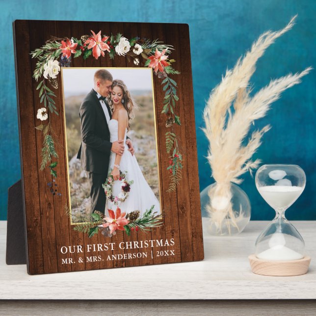 Placa Expositora Watercolor Poinsettia Wood Nuestra Primera Navidad (Lado)