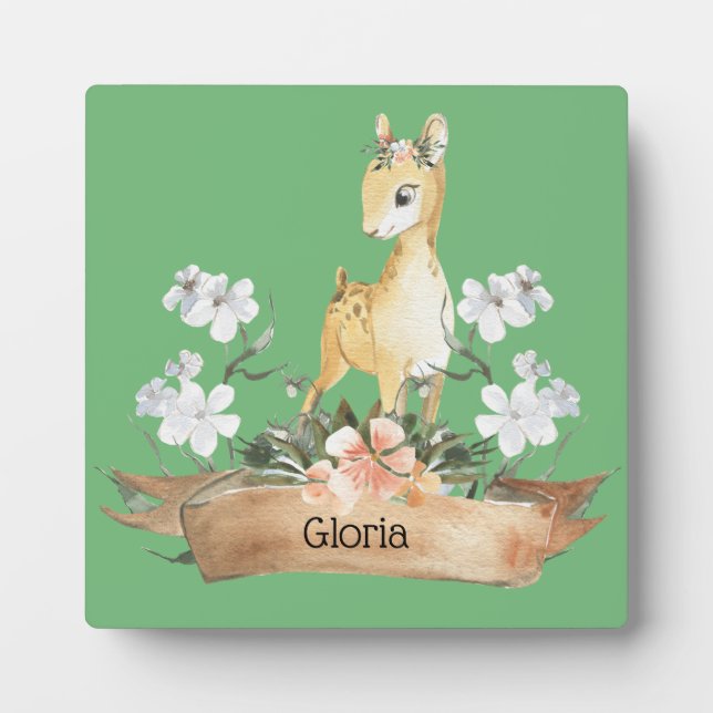 Placa Expositora Watercolor Woodland Baby Fawn Nombre personalizado (Frente)