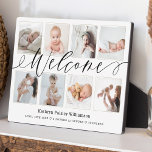Placa Expositora Welcome Newborn Baby Birth Stats & Photo Collage<br><div class="desc">Commemorate the arrival of your beautiful new baby with our custom photo collage plaque that you'll cherish forever. Special personalized new baby birth photo collage plaque to display your own new baby photos and memories. Our design features a simple 8 photo collage grid design with the baby's name, monogram, date...</div>