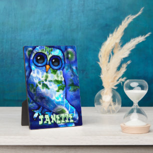 Placa Expositora Whimsical Abstract Owl Blue Green Personalizado
