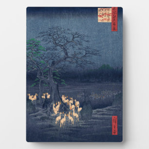Placa Expositora Zorros en un santuario nocturno vintage arte ukiyo