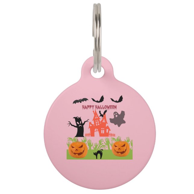 Placa Para Mascotas 2 Calabazas espeluznantes, murciélagos de gato neg (Anverso)