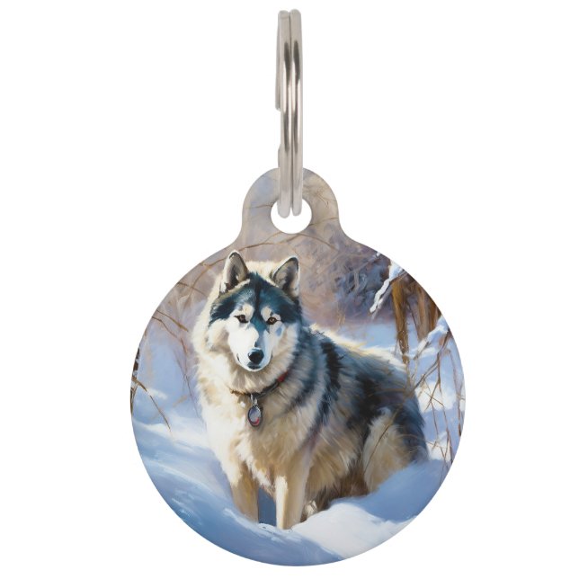 Placa Para Mascotas Aaskan Malamute deja que nieve Navidades (Anverso)