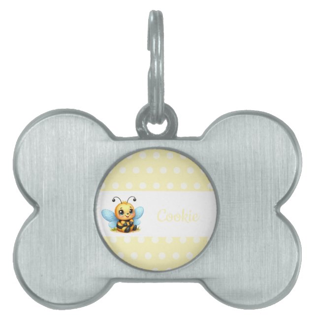 Placa Para Mascotas Abeja linda con Personalizable de puntos de Poka a (Frente)