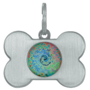 Placa Para Mascotas Acuarela Azul Groovy Abstracto Retro Bañón Líquido