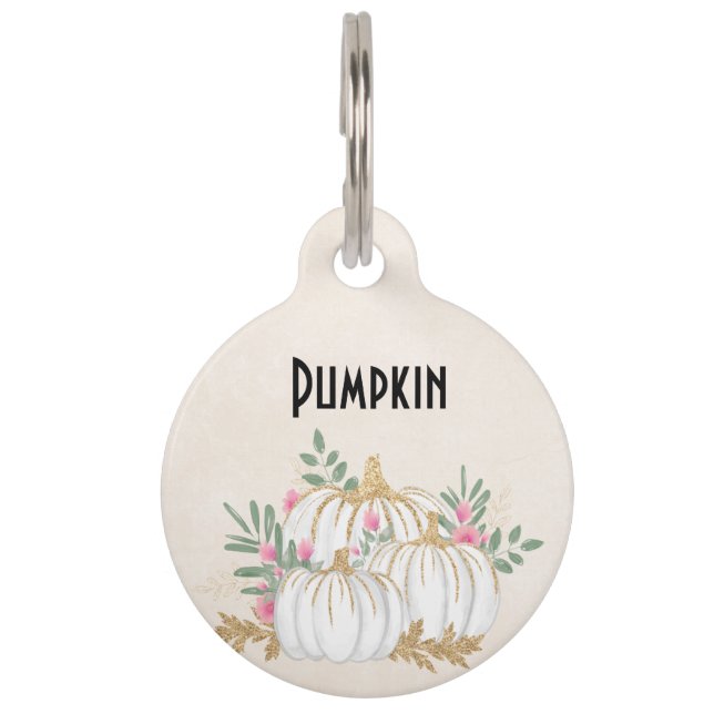 Placa Para Mascotas Acuarela de calabazas blancas y doradas (Anverso)