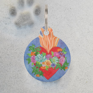 Placa Para Mascotas Acuarela de Sagrado Corazón Personalizada Perro de
