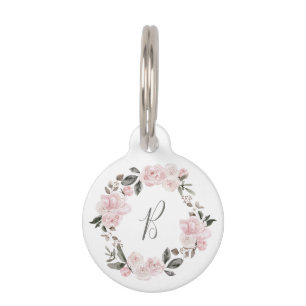 Placa Para Mascotas Acuarela floral rosa dulce y Bonito Monograma