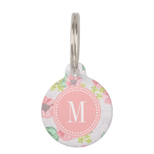 Placa Para Mascotas Acuarela rosada floral retra personalizada