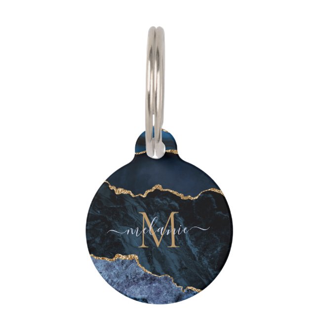 Placa Para Mascotas Agate Navy Blue Gold Gemstone Marble Monograma (Anverso)