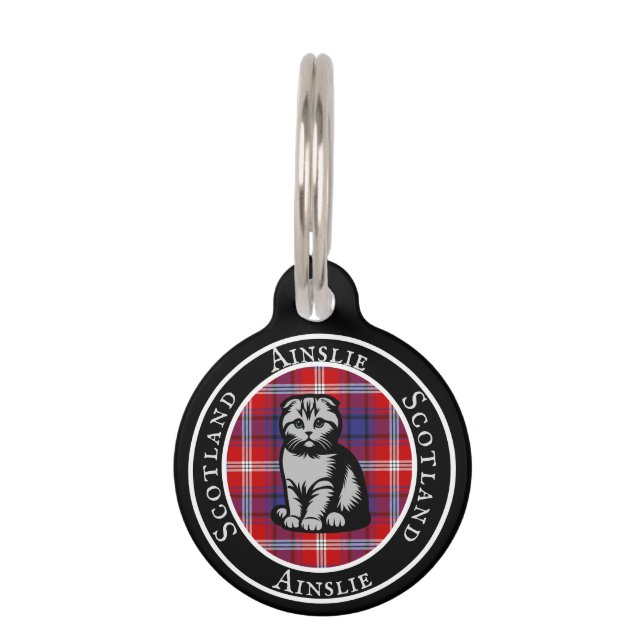 Placa Para Mascotas Ainslie Tartan & Scottish Kitty Personalizado (Anverso)