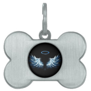 Placa Para Mascotas Alas de ángel azules brillantes sobre fondo negro