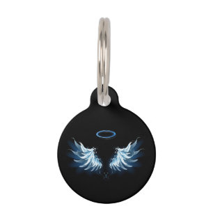 Placa Para Mascotas Alas del Ángel Azul brillante sobre fondo negro