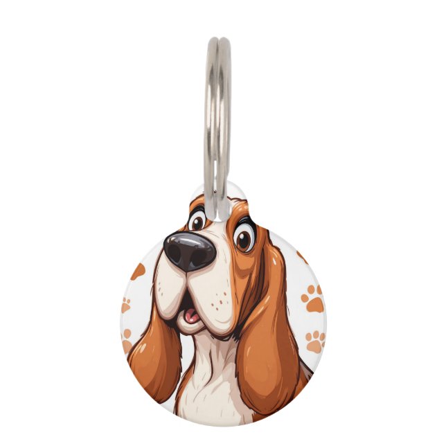 Placa Para Mascotas Alegre perro de Basset con huellas Naranjas (Anverso)