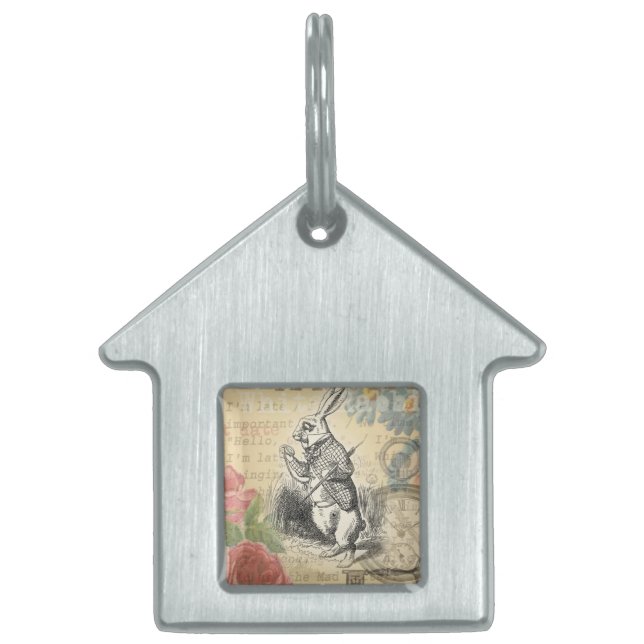 Placa Para Mascotas Alicia de conejo blanco en arte de maravillas (Frente)