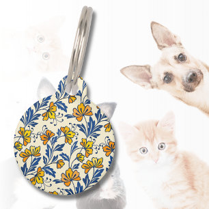 Placa Para Mascotas Amarillo Naranja Floral Folclórico Azul Hoja Vinta