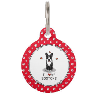 Placa Para Mascotas Amo a los bostones - Boston Terriers (negro y blan