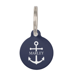 Placa Para Mascotas Ancla azul marino náutico con nombre personalizado
