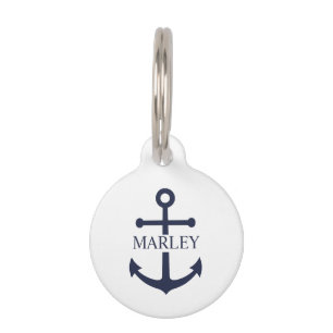 Placa Para Mascotas Ancla azul marino náutico con nombre personalizado
