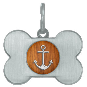 Placa Para Mascotas Ancla de estilo Chrome sobre chapa de teca