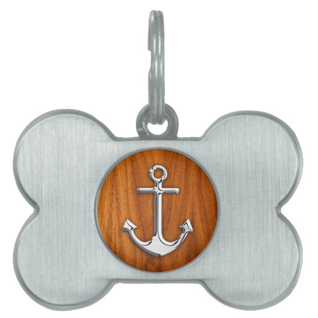Placa Para Mascotas Ancla de estilo Chrome sobre chapa de teca (Frente)