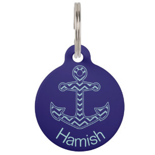 Placa Para Mascotas Anclaje azul de chevron Nautical Personalizado
