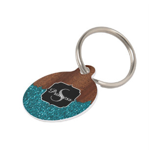 Placa Para Mascotas Aqua azul brillante madera marrón rústica Monogram