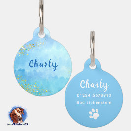 Placa Para Mascotas Aquarell blau - Gold Glitzer | personalisierbare
