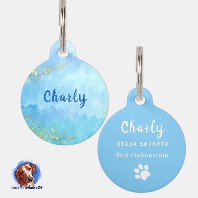 Placa Para Mascotas Aquarell blau - Gold Glitzer | personalisierbare  (Personalisierbare Haustiermarke mit blauem Aquarell-Design, beidseitig bedruckt)