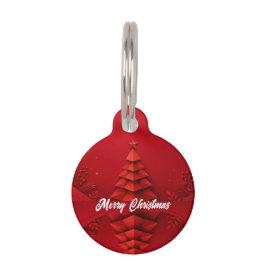 Placa Para Mascotas Árbol de Navidad de Papel Fondo Rojo