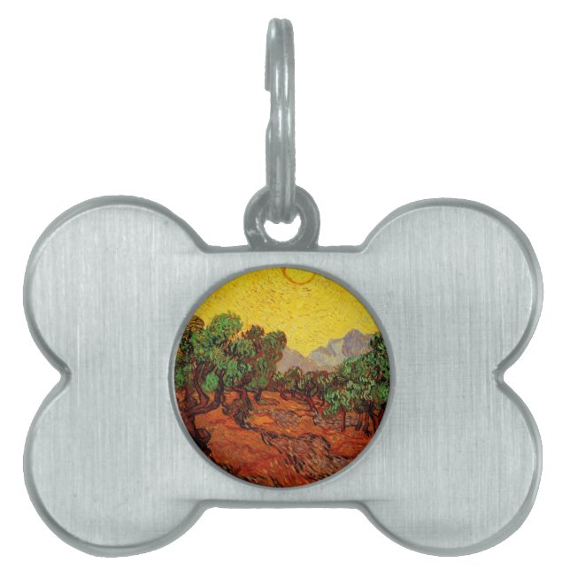 Placa Para Mascotas Árboles olivos con cielo amarillo y sol (Frente)