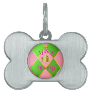 Placa Para Mascotas Argyle rosa y verde con monograma personalizado