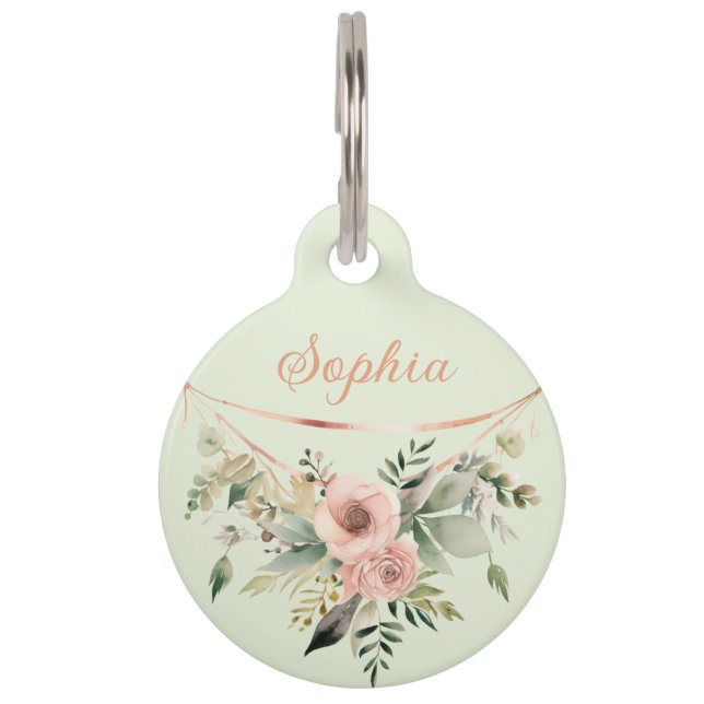 Placa Para Mascotas Arreglo floral rosado de Rubor sobre verde sabio (Anverso)